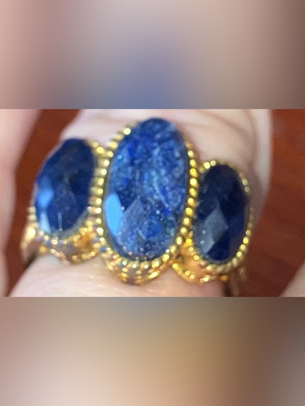 Never Worn Technibond Gold-Tone Ring with Deep Blue Oval Stones Size 7